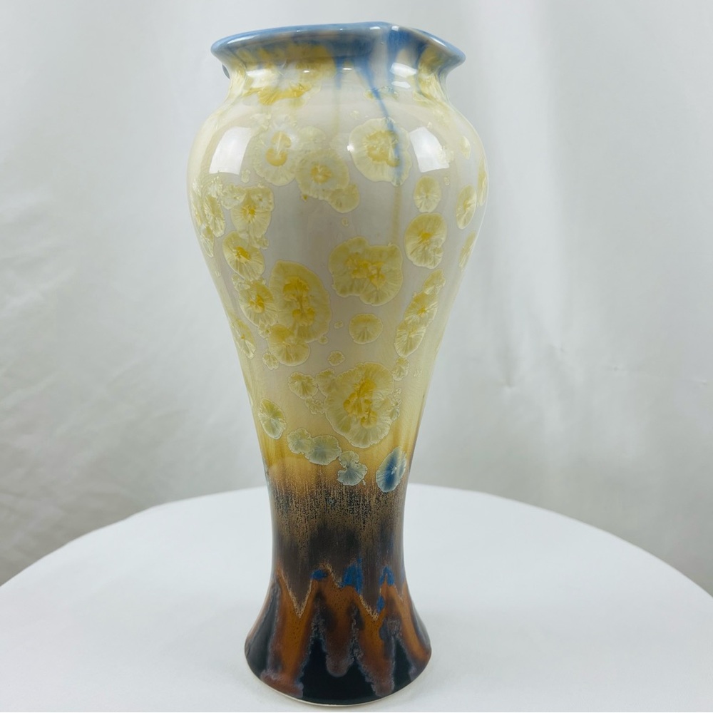 Vintage Signed Kent Follette Flambeaux Crystalline Vase Blue Brown Cream